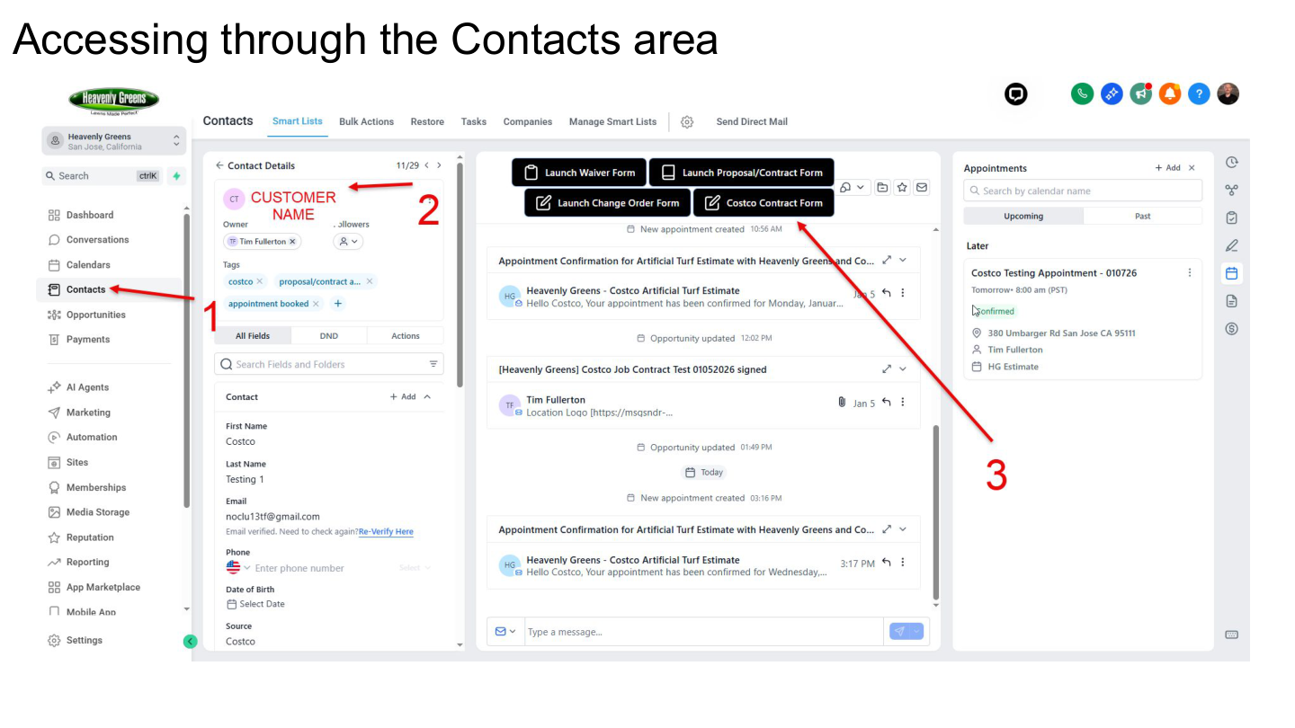 Accessing contract form through Contacts area