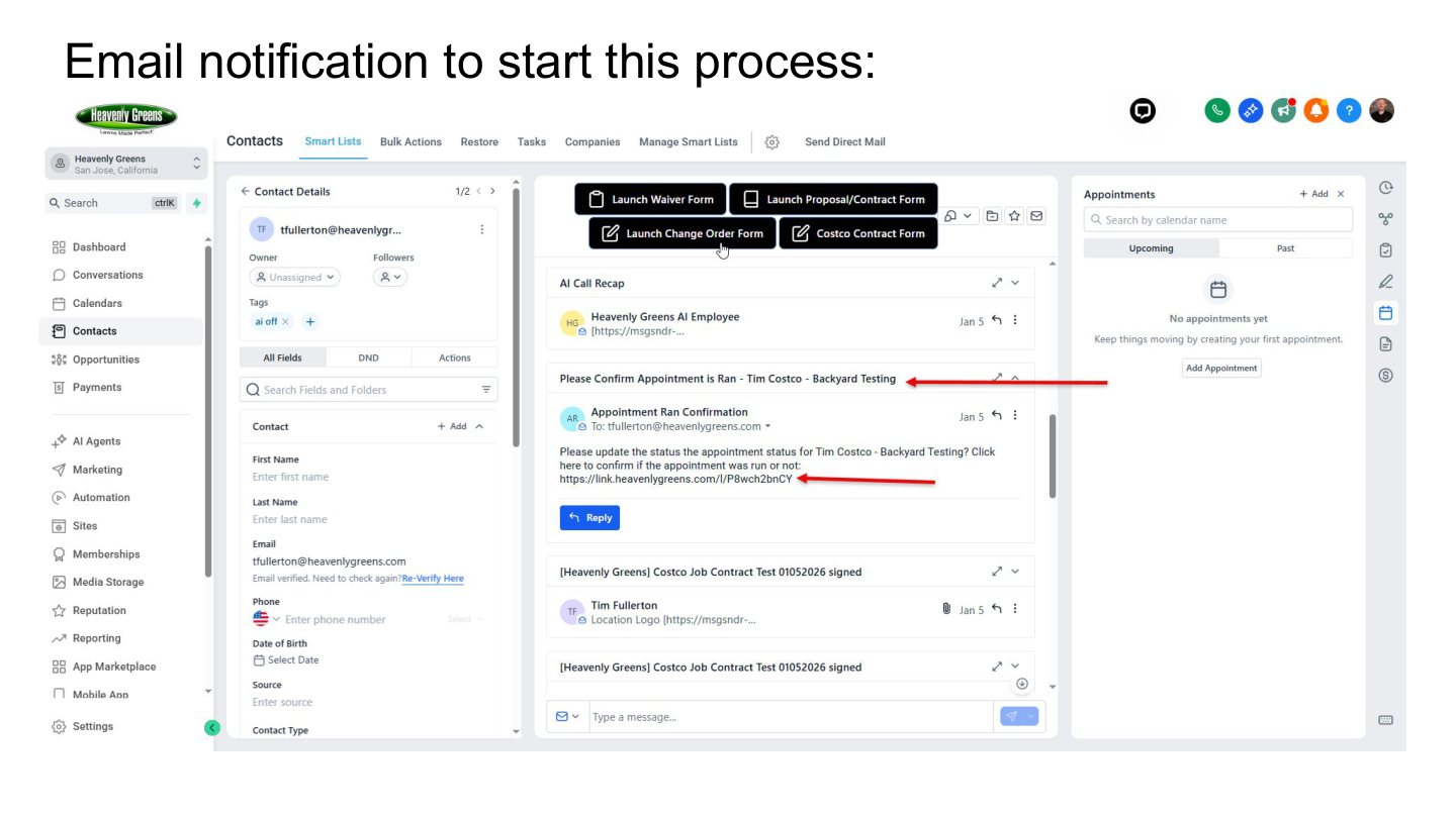 Email notification to start contract process