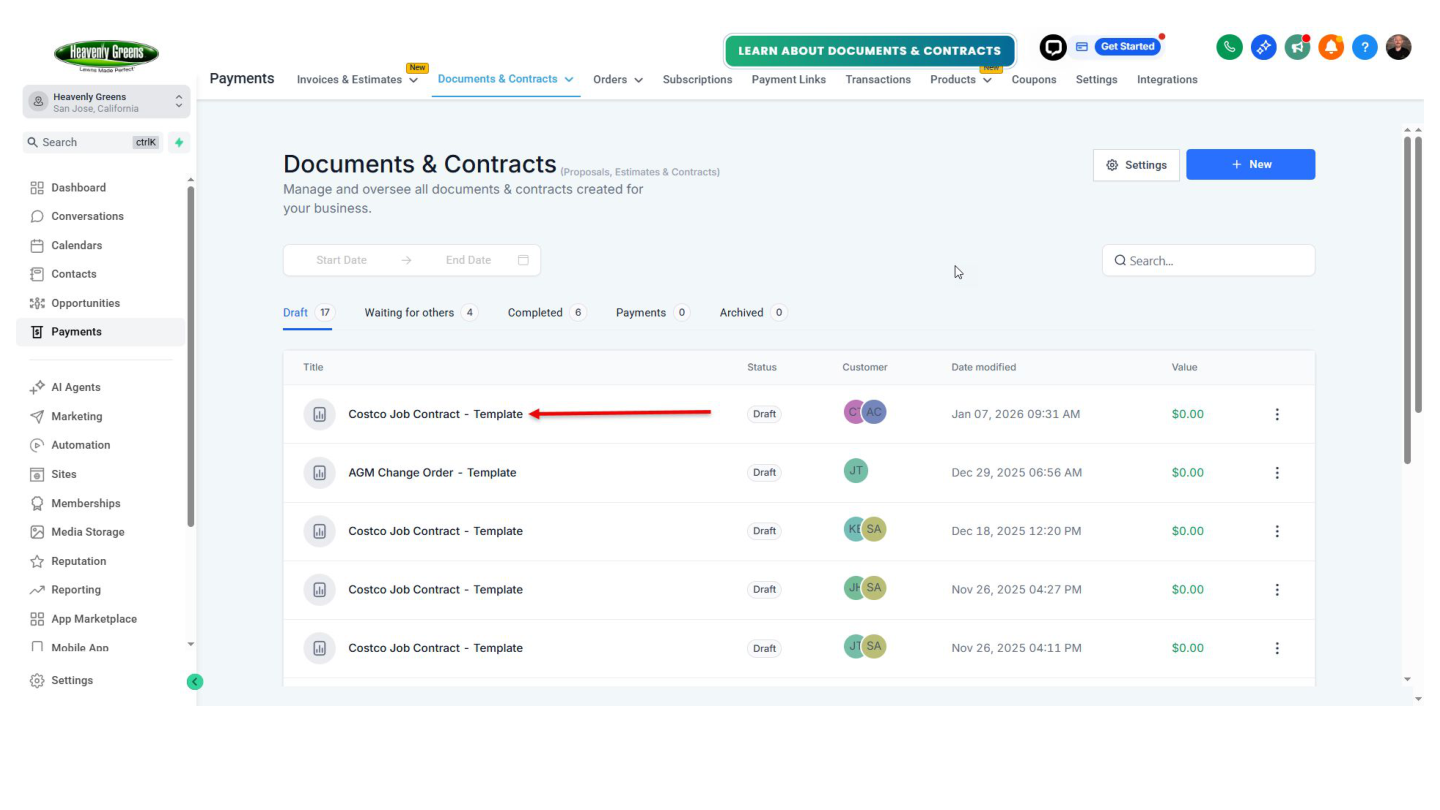 Contract template view