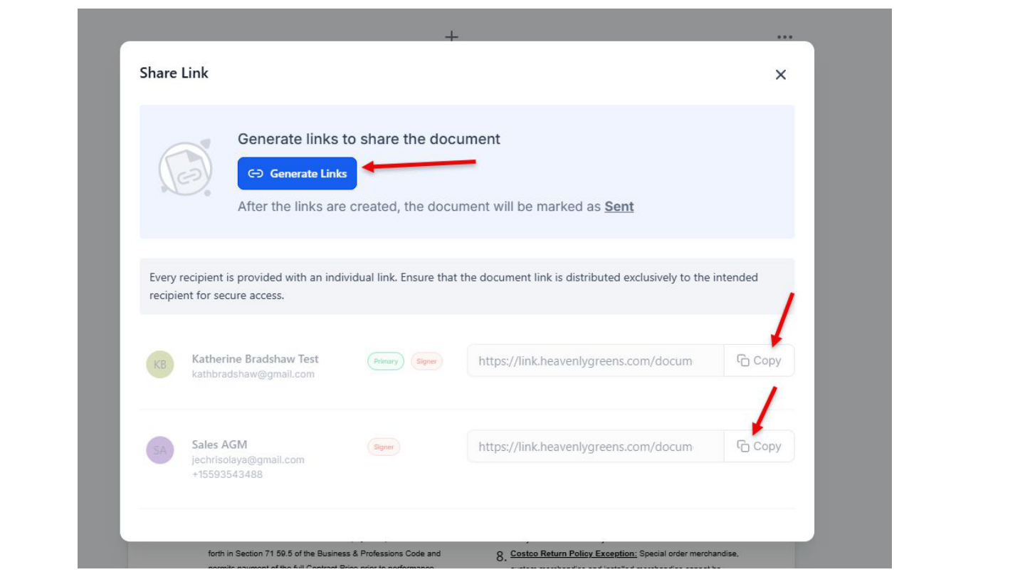 Signing links detail